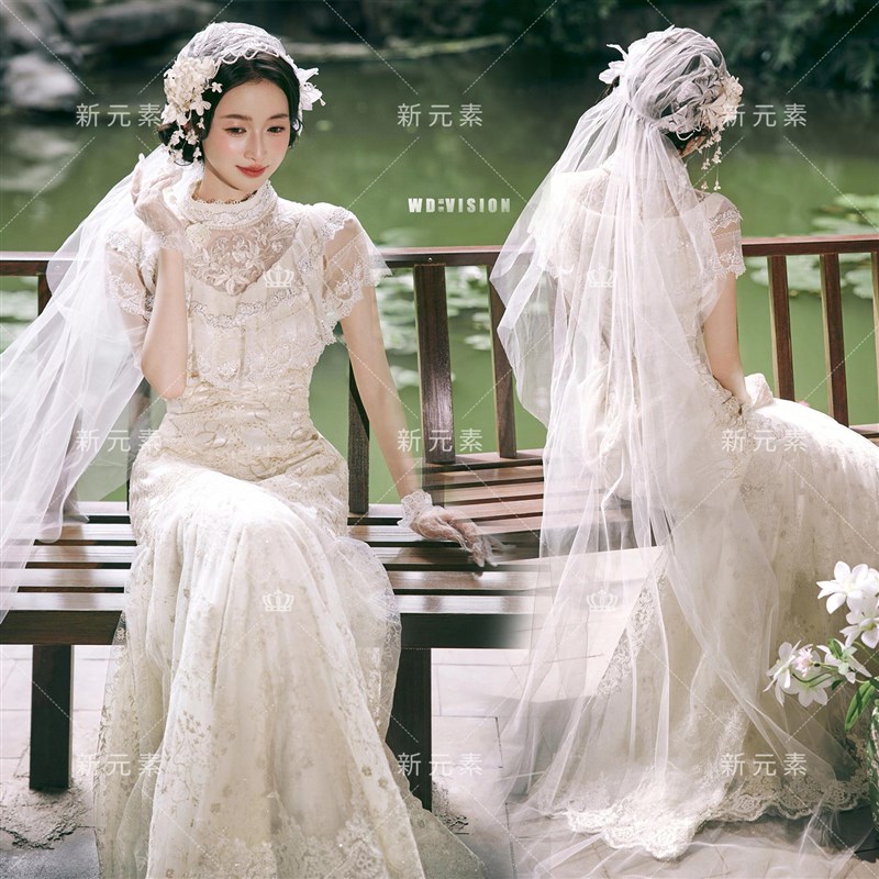 影楼法式复古蕾丝婚纱裙女高级感白色礼服中式园林婚纱照摄影服装