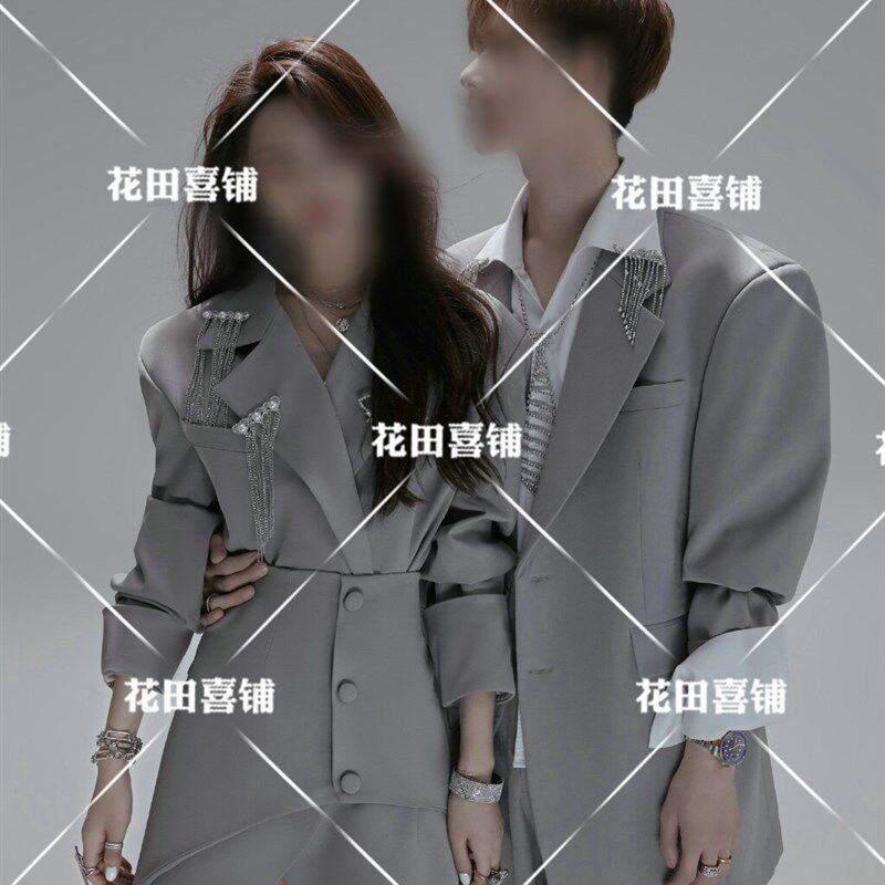 2026新款时尚抖音网红情侣灰色小西服装 嘻哈时尚潮牌写真拍照服