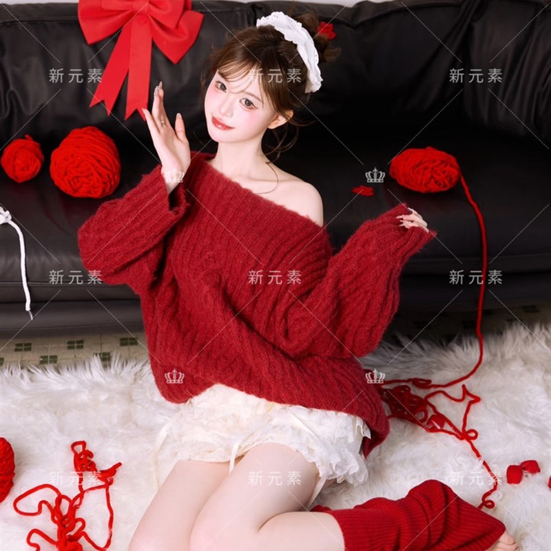 影楼新款韩系个人红色氛围感甜美个性毛衣慵懒风写真艺术拍照服装