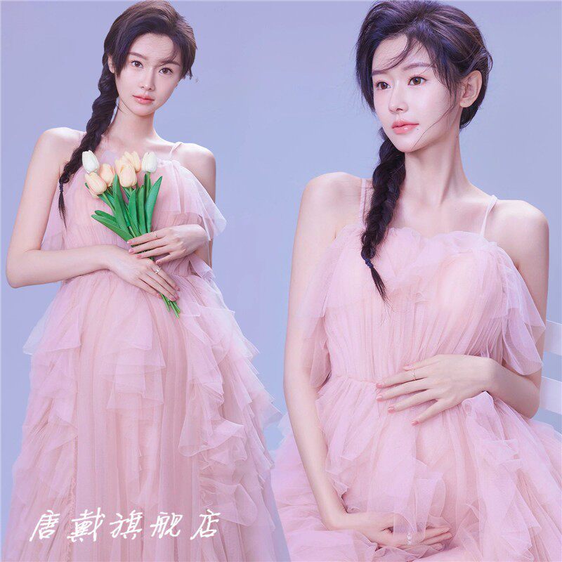 影楼新款孕妇摄影拍照主题服装孕妈大肚拍照唯美超仙粉色婚纱礼服
