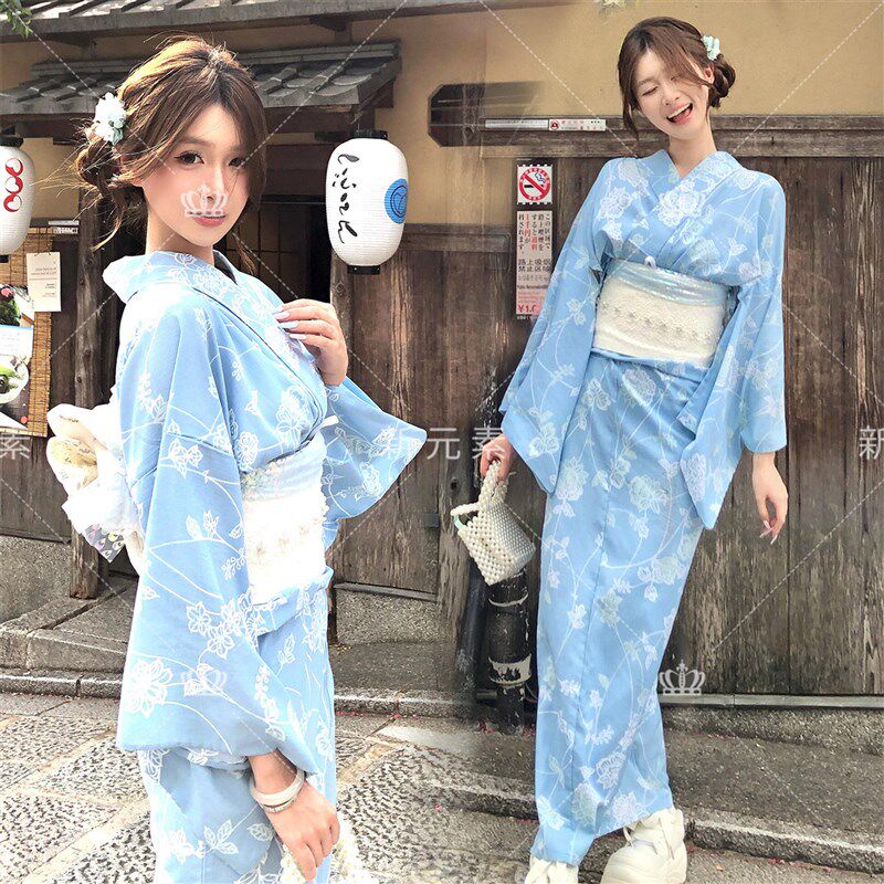 照相馆新款日系改良和服女蓝色花卉浴衣神明少女拍照写真摄影服装