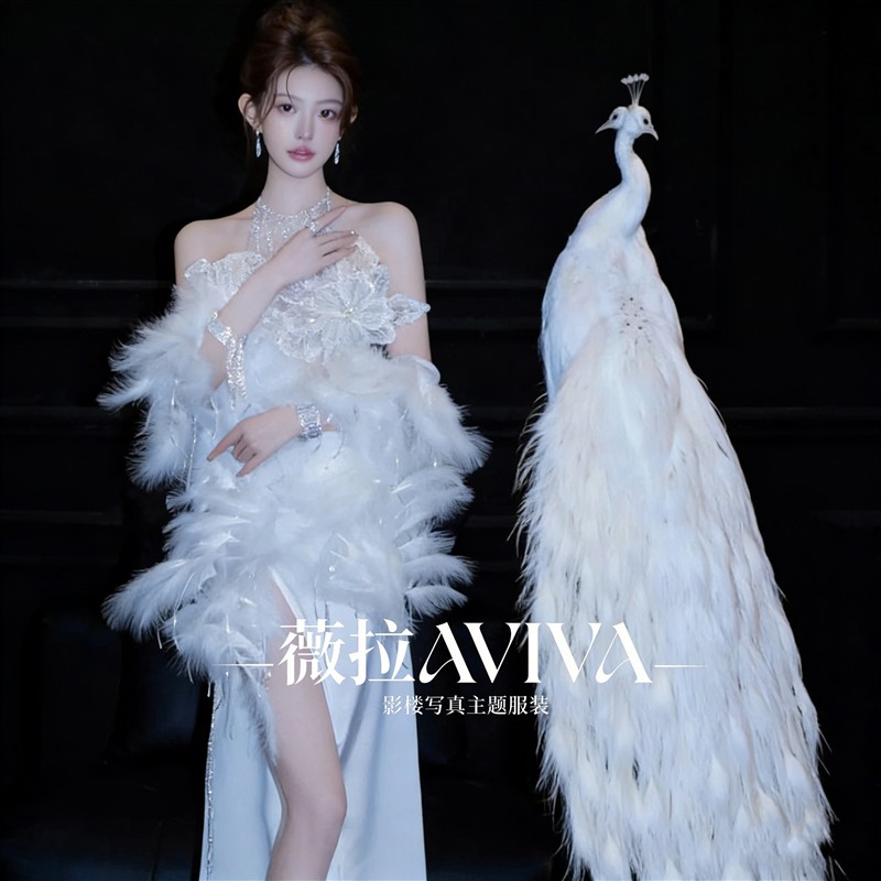 白色羽毛抹胸两件式裙女御姐性感高级感写真服艺术照摄影服装演出