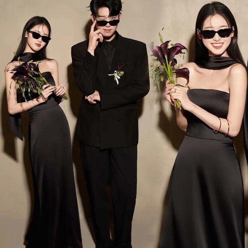 影楼新款黑色抹胸收腰鱼尾裙女高级感艺术写真摄影服装晚礼服