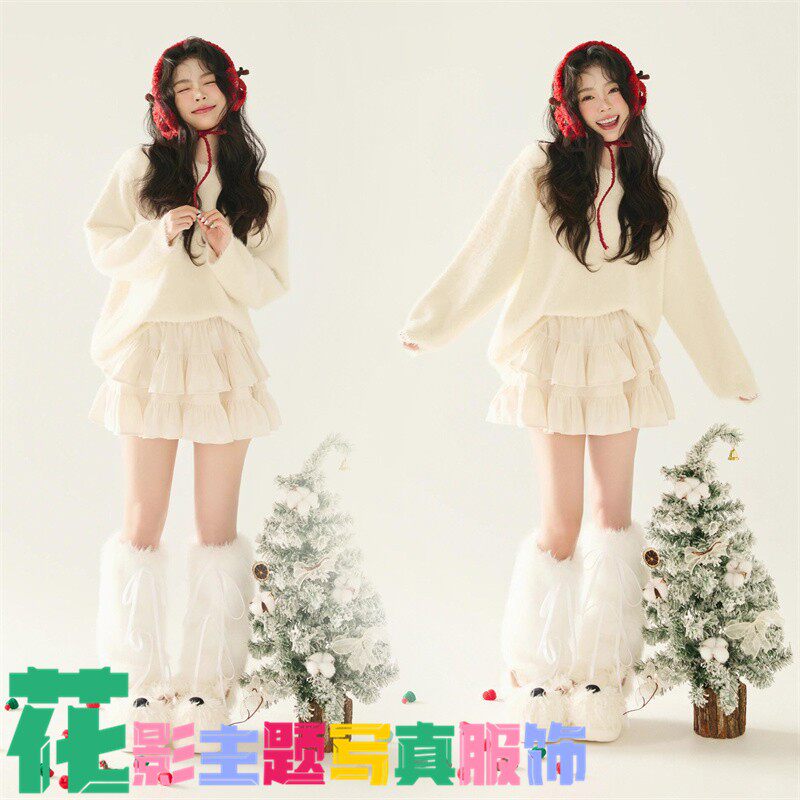 新款圣诞毛衣蛋糕裙套装女小清新氛围感影楼摄影服装