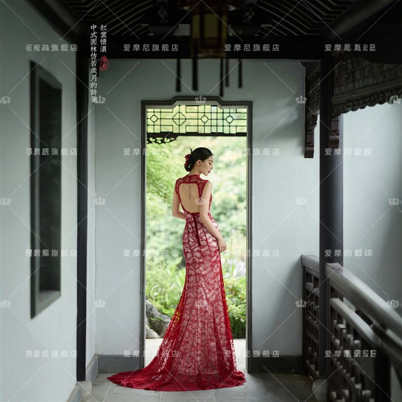 新款影楼拍照主题服红色蕾丝婚纱摄影工作室旅拍草坪摄影海边礼服