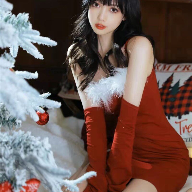 影楼红色圣诞写真服装时尚新年主题女孩私房艺术照夜店派对演出服