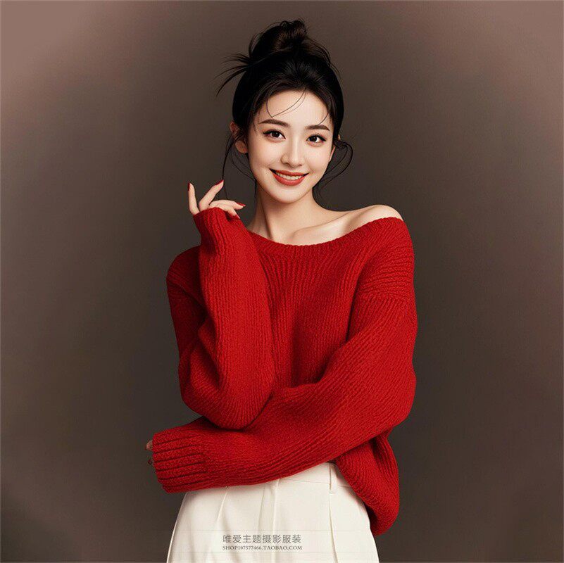 秋冬影楼个人写真风拍照主题慵懒氛围感红色毛衣少女新年摄影服装