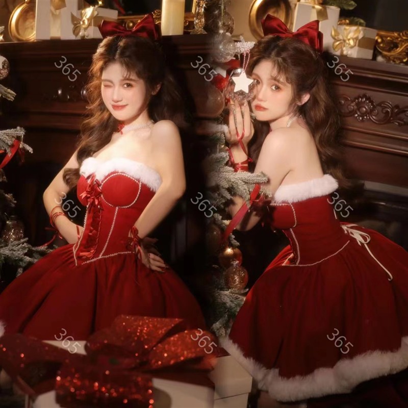 秋冬新款圣诞节主题拍照服装甜美复古公主风新年写真艺术照连衣裙