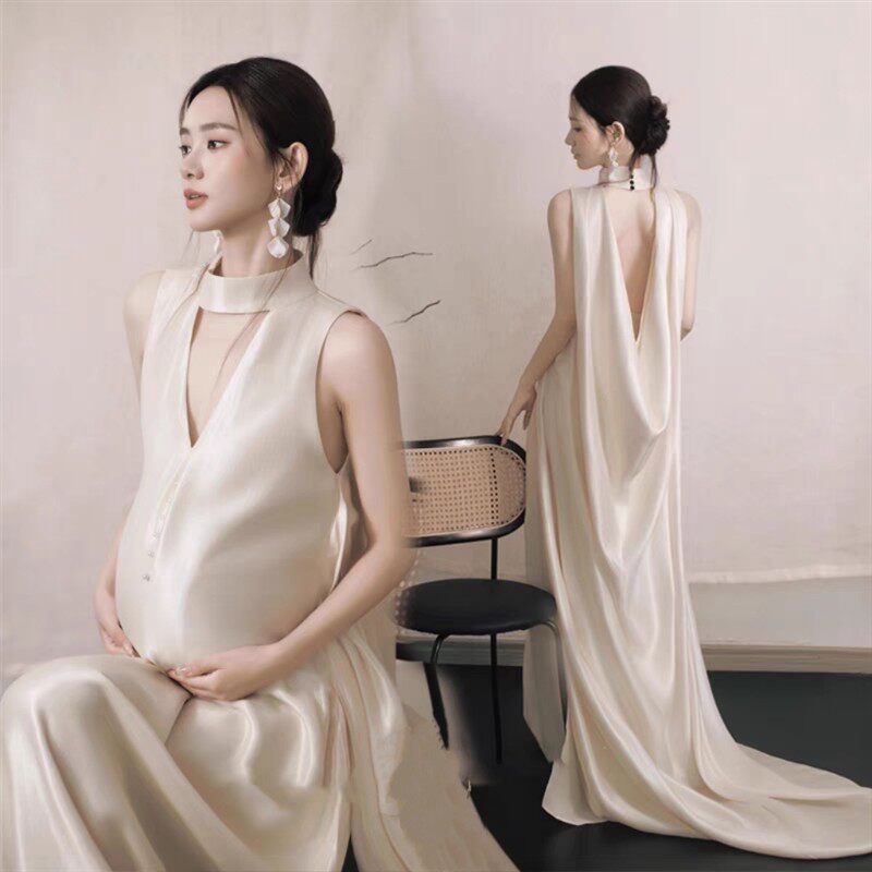 25新款孕妇拍照服装法式轻奢气质露背礼服裙影楼大肚写真服醋酸缎