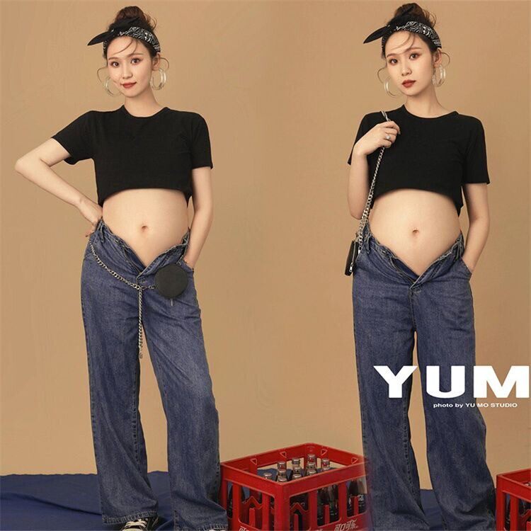 影楼新款孕妇照服装复古港风孕妈时尚性感牛仔裤孕妇写真摄影服装