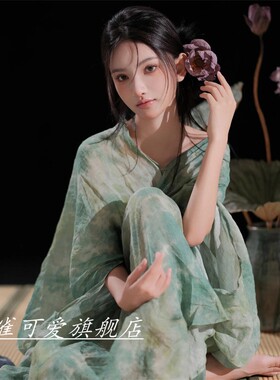 影楼新款新中式连衣裙国风禅意女装V领绿色印花古风改良汉服裙子
