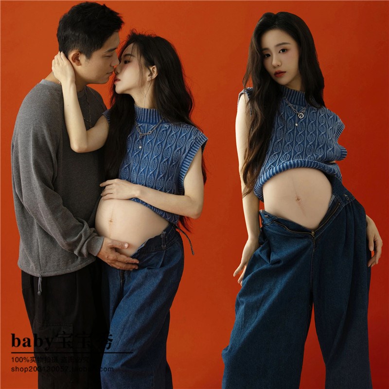 孕妇拍照服装影楼新款牛仔孕妈咪复古大肚写真孕妇摄影艺术照服装