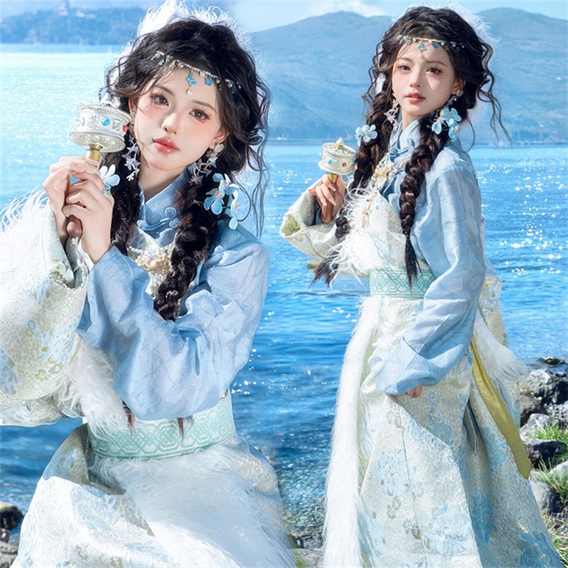 新款藏族旅拍服装西藏云南丽江民族特色服饰清新蓝色藏服写真藏袍