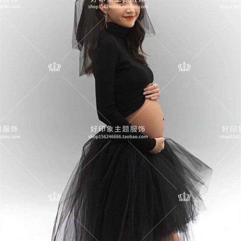 23新款孕妇拍照服装影楼摄影时尚黑色纱裙套装写真服饰艺术照衣服