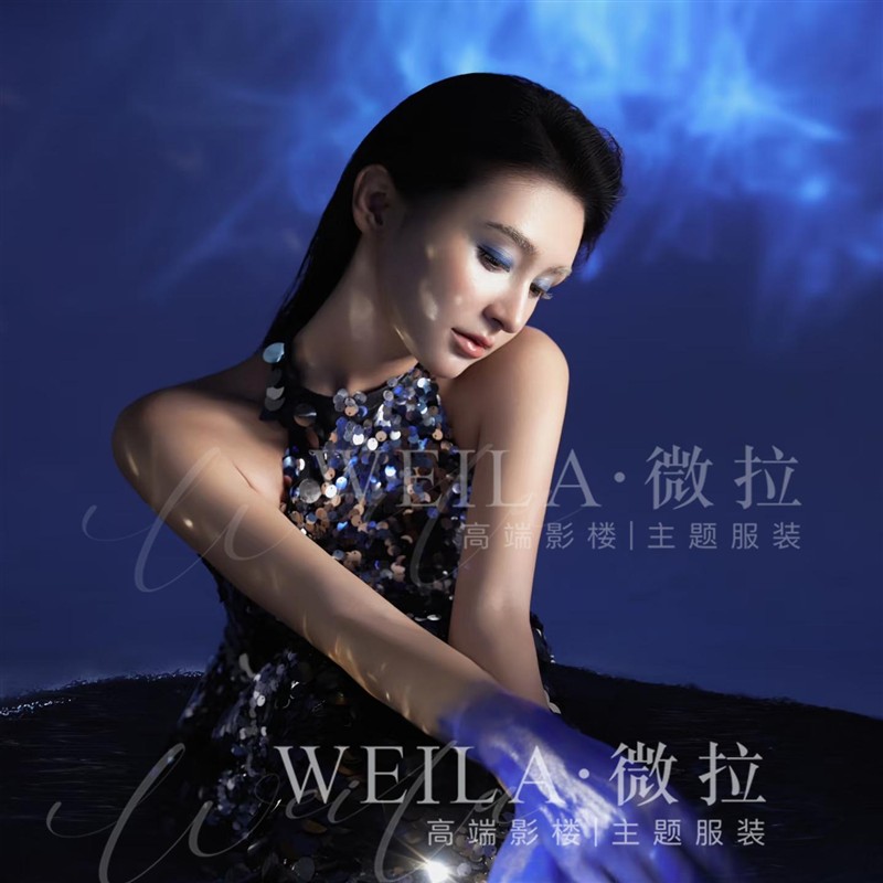 影楼工作室拍照美人鱼海景鳞片黑色亮片新款主题摄影修身鱼尾礼服