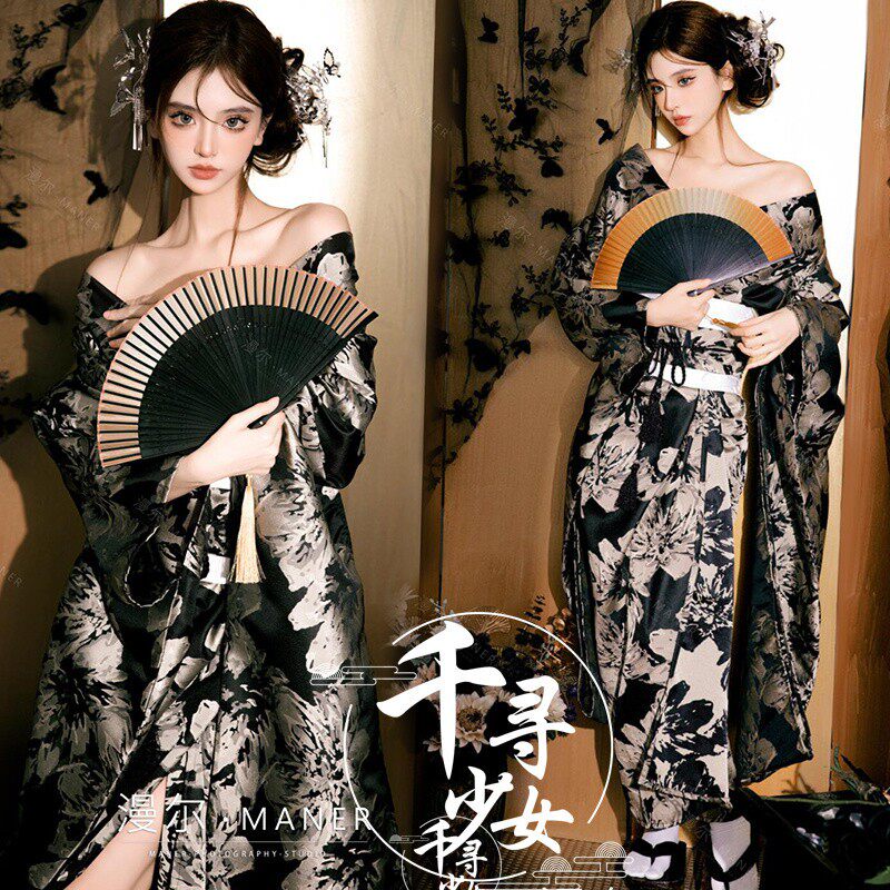 改良中国风暗黑系神明少女连身和服女装 长振袖传统造型和服