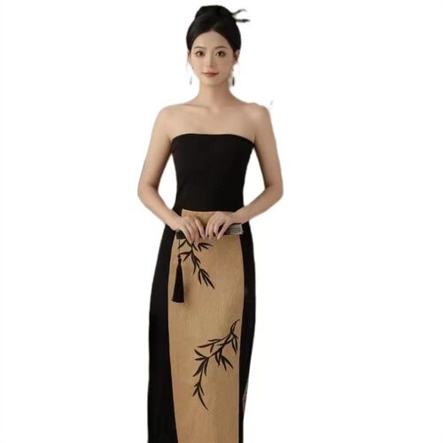 影楼主题新中式国风黑色抹胸礼服水墨画风复古写真旗袍艺术照服装
