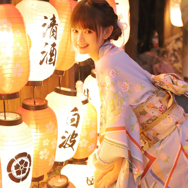 2024神明少女和服秋季日系改良版和风浅蓝色长款火大会浴衣连衣裙