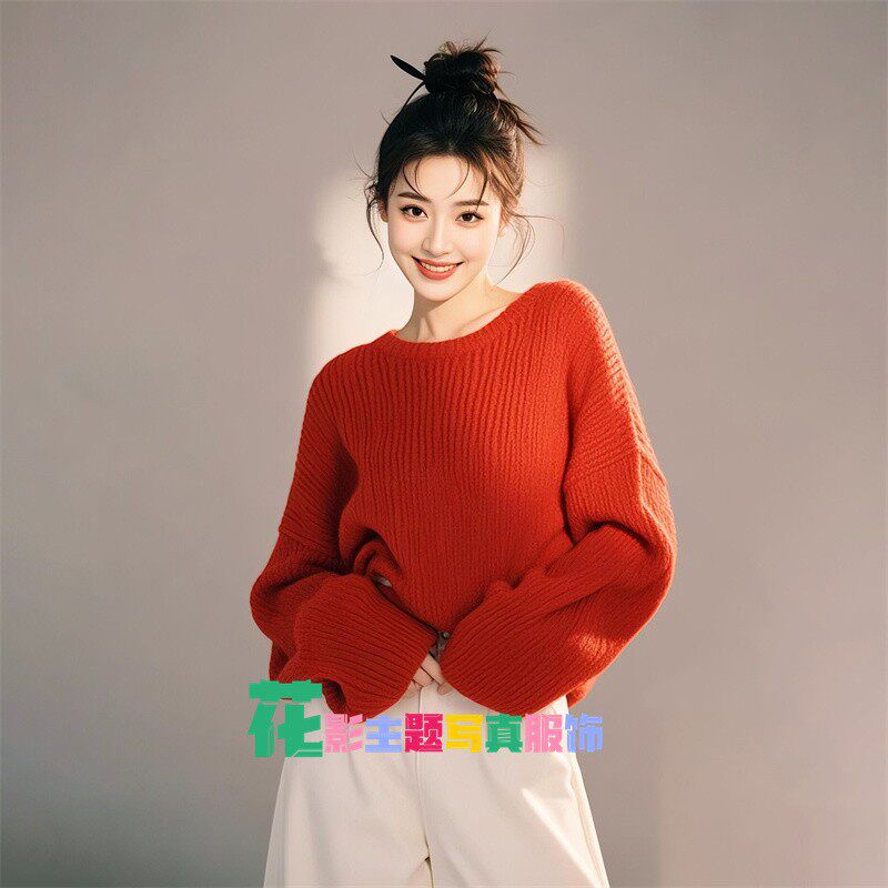 秋冬影楼个人写真风拍照主题慵懒氛围感红色毛衣少女新年摄影服装