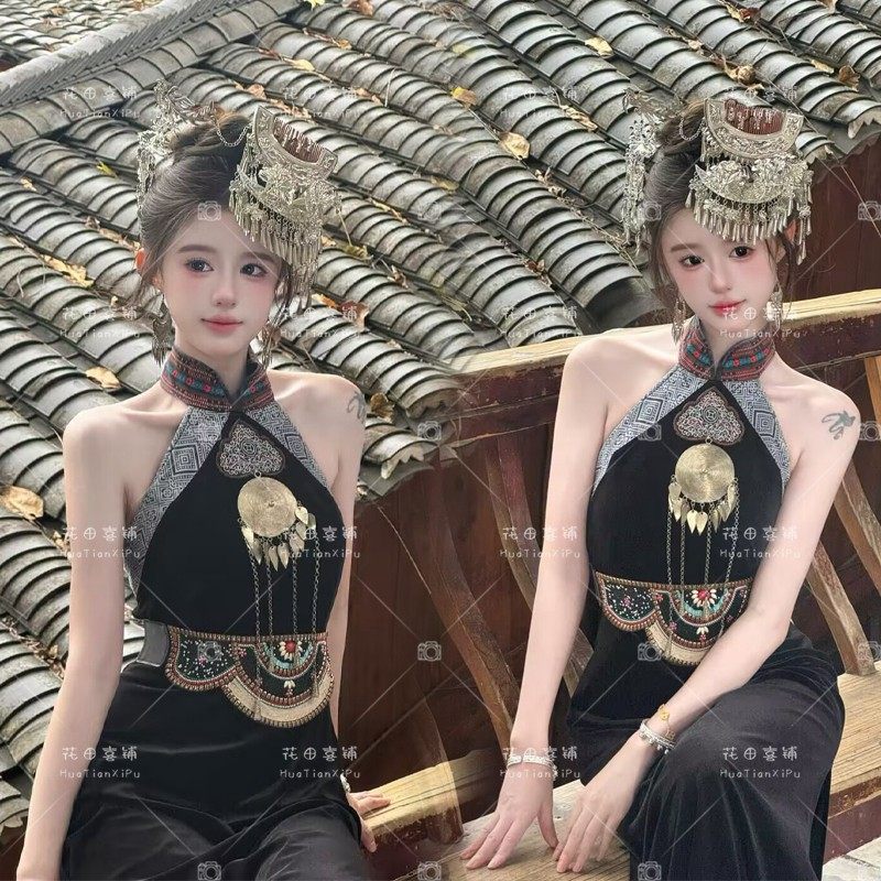 爆款少数民族服饰开叉旗袍女苗族服装贵州民族风旗袍旅游拍照写真