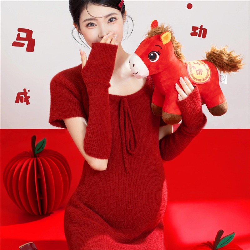 新款红色修身洋装孕妈咪新年战袍系带包臀裙照相馆摄影服装氛围感