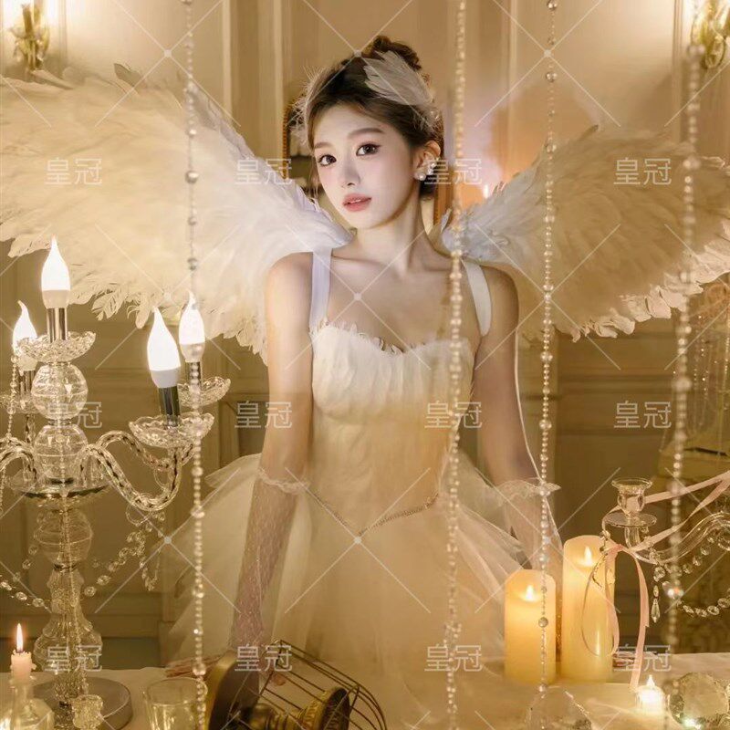 照相馆主题精灵芭蕾少女法式梦幻纯欲风白色羽毛裙私房艺术照摄影