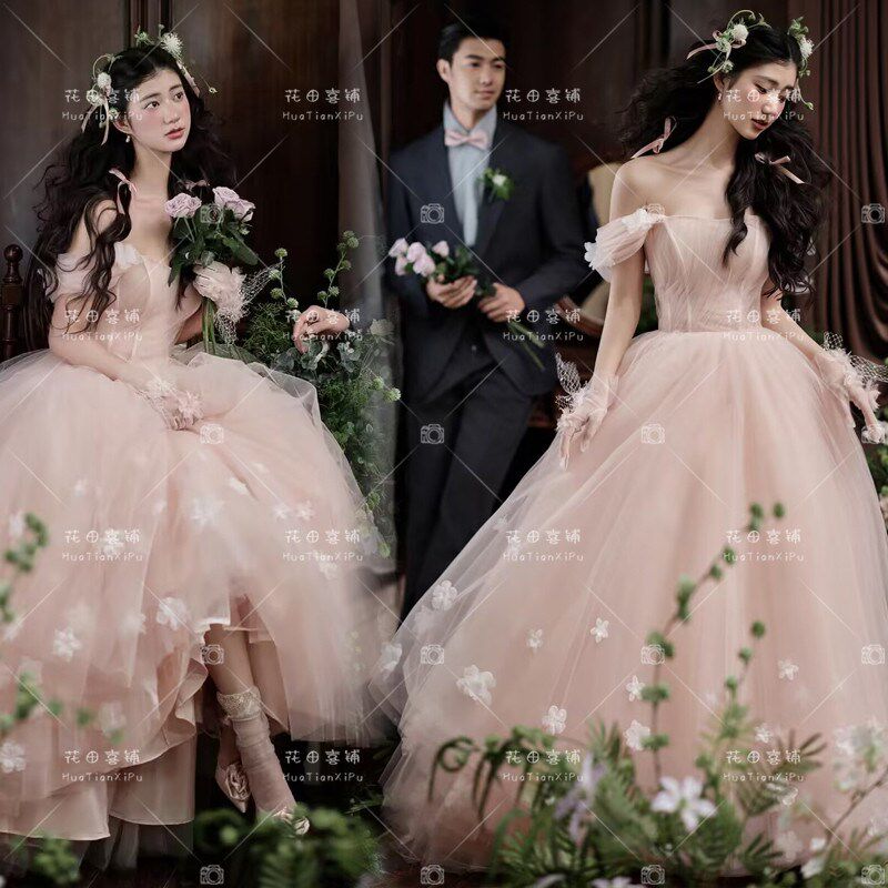 婚纱摄影照新款油画浪漫法式粉色花朵公主风唯美彩纱画意摄影礼服