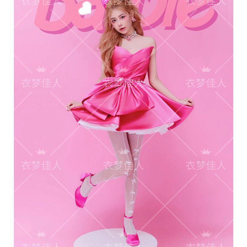 影楼新款少女芭比风写真玫红缎面短礼服生日画报风艺术照摄影服装