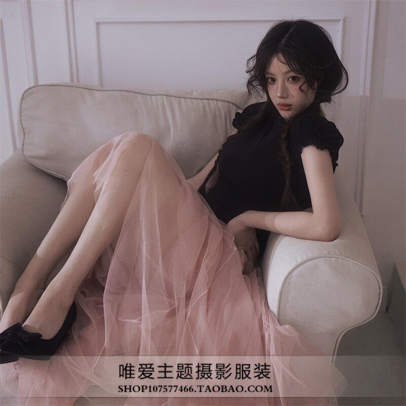 影楼写真新款加蓬中长款蓬蓬摆高腰压褶纱半裙女赫本风半身裙子
