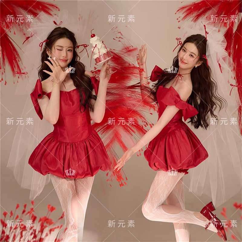 照相馆新款烟火写真摄影服装生日红色洋装甜美少女韩系艺术照服装