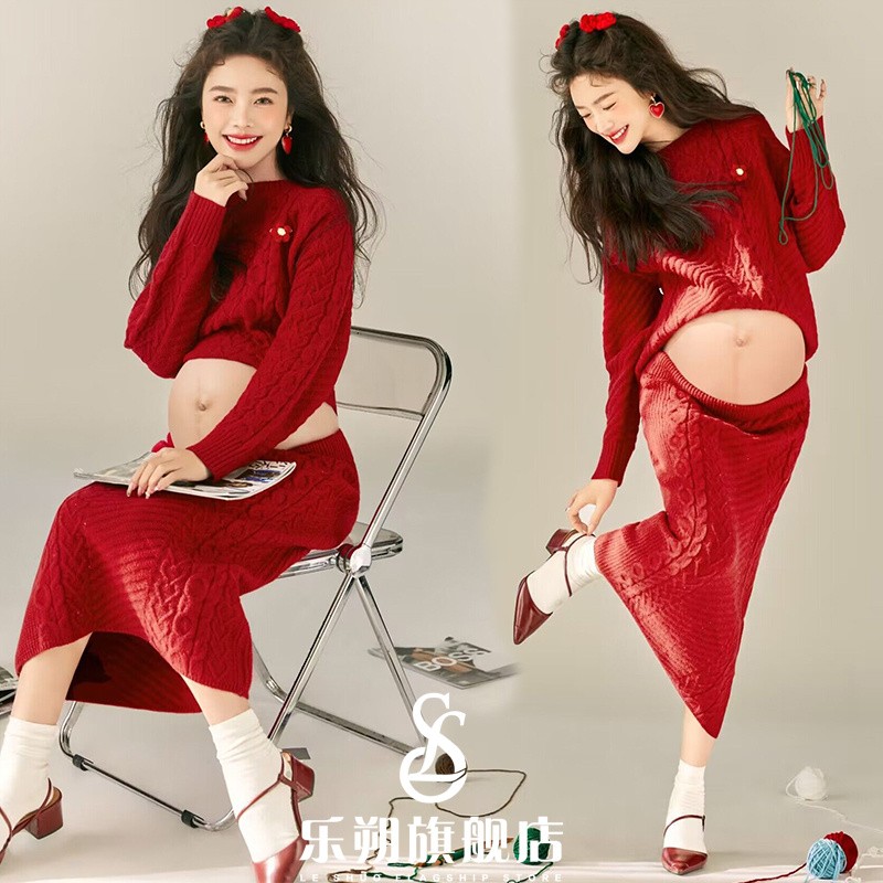 25年影楼新年主题新款甜美喜庆红色毛衣套装孕妈咪艺术照摄影服装