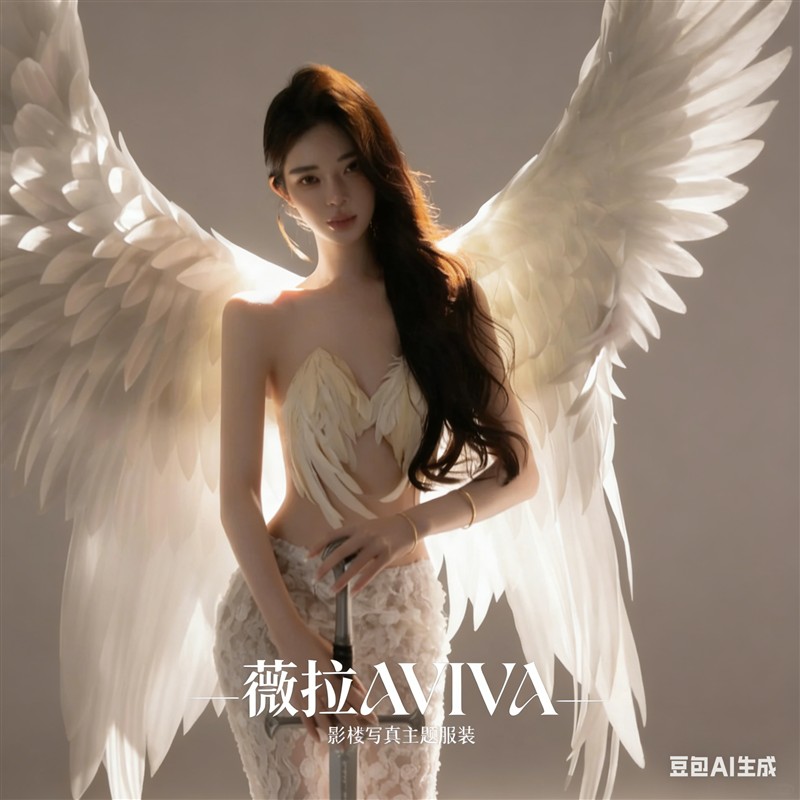 白色天使翅膀写真摄影照相馆精灵梦幻风两件式羽毛鱼尾裙女舞台演