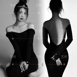 新款肖像写真主题服装个人形象照修身连衣裙漏背私房艺术照摄影服