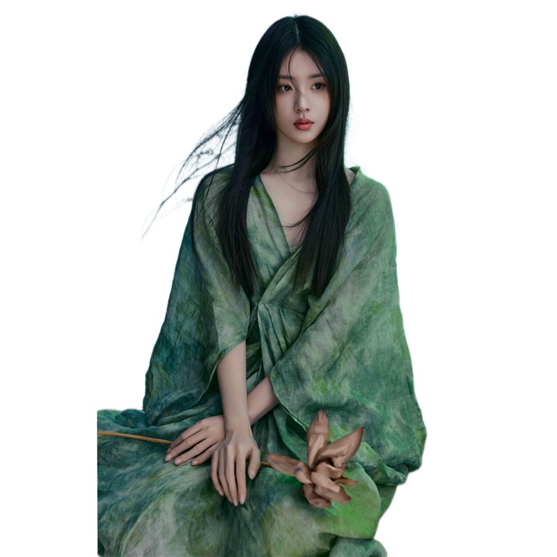 影楼新款新中式连衣裙国风禅意女装V领绿纱印花古风改良汉服写真