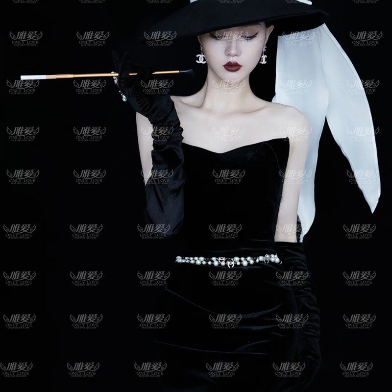 赫本鱼尾婚纱礼服法式名媛黑色复古晚礼服影楼主题写真服
