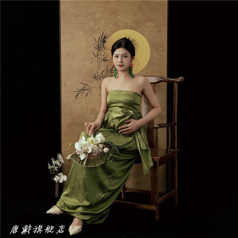 影楼孕妇拍照服装新中式复古水墨画抹胸裙礼服孕期妈咪艺术照摄影