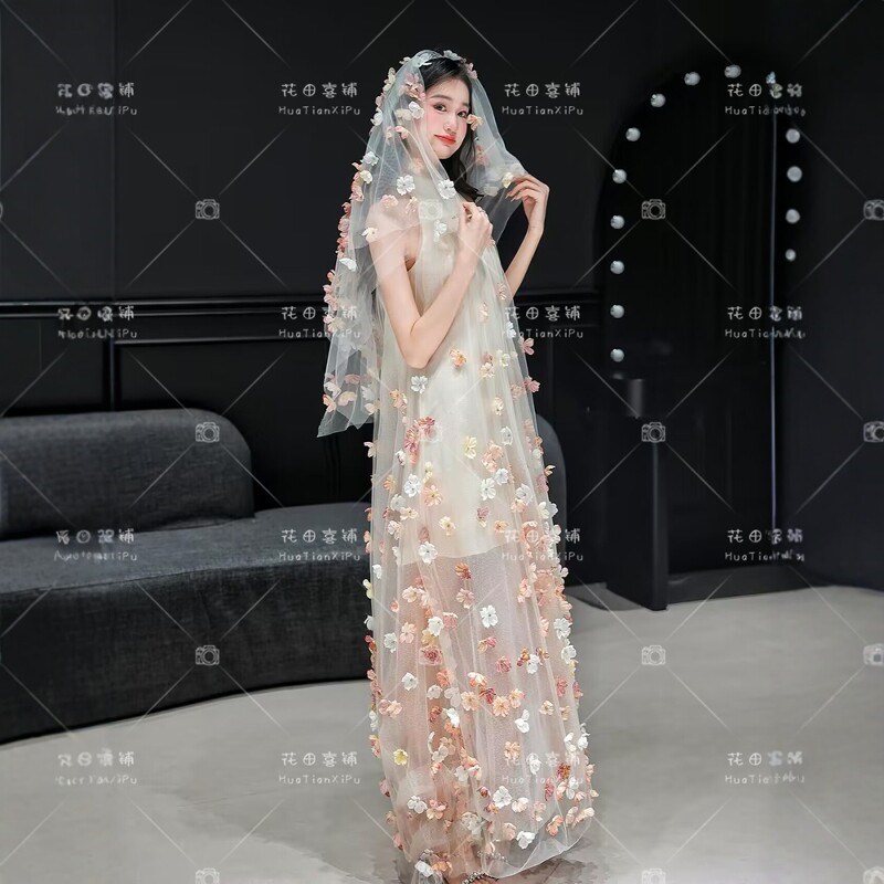 绝美超仙气晨袍女2026新款高级感法式甜美花朵新娘晨拍订婚礼服裙