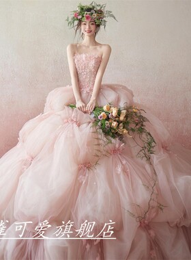 照相馆拍照主题服装粉色高定拖尾少女花神写真蛋糕裙抹胸婚纱彩纱