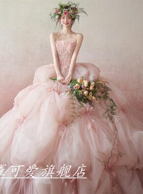 照相馆拍照主题服装粉色高定拖尾少女花神写真蛋糕裙抹胸婚纱彩纱