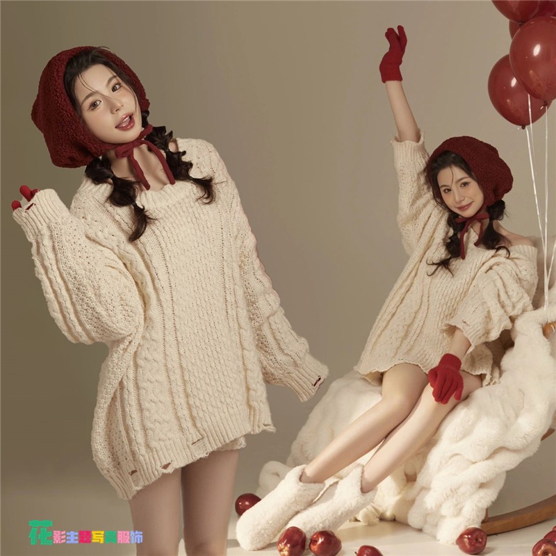 影楼秋冬新年主题纯欲风白色毛衣少女小清新私房艺术照摄影服装