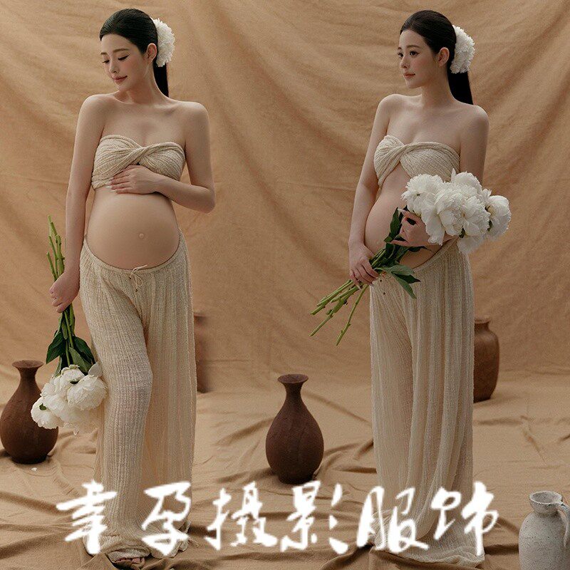 孕妇照服装影楼孕妈咪大肚拍照摄影法式复古高级感仙气棉麻裙套装