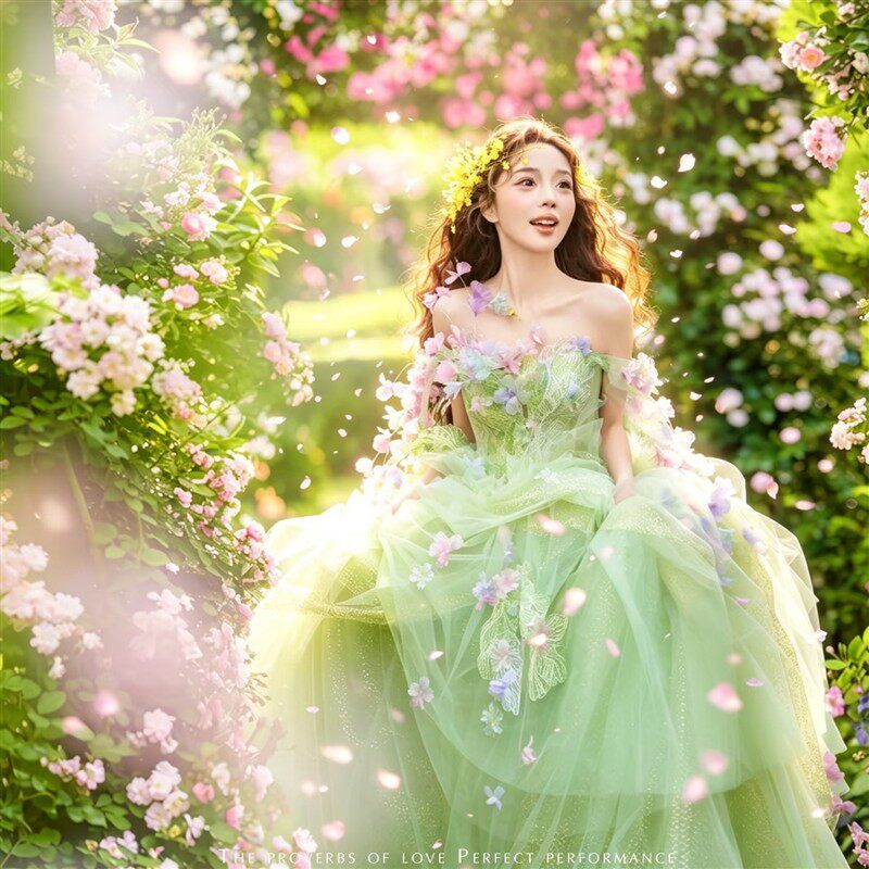 影楼拍照主题服装梦幻仙女绿色森系抹胸拖尾婚纱情侣旅拍摄影礼服