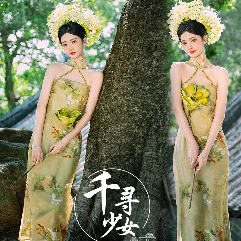 簪花复古新款写真服装新中式连衣裙少女旅拍民族特色写真外景摄影