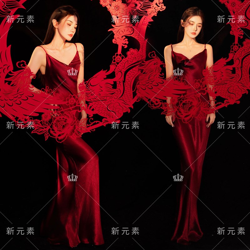 照相馆新年拍照剪纸主题肖像氛围写真红色吊带裙复古国风艺术照服