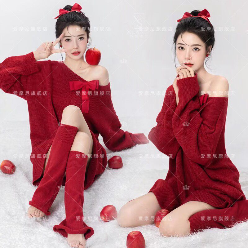 影楼秋冬新款新年圣诞写真主题服装红色毛衣个性女孩艺术照摄影服