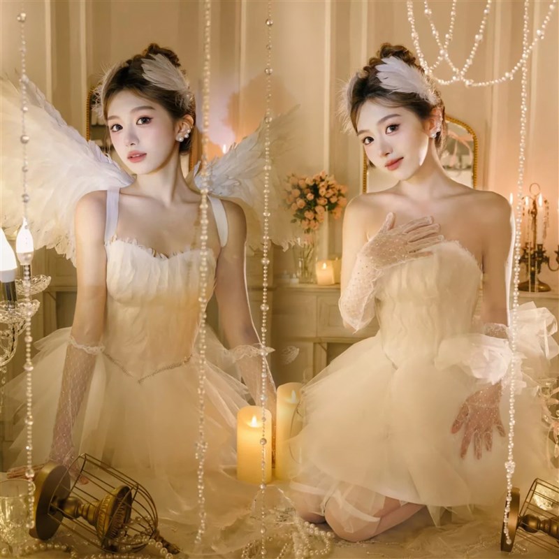 影楼主题精灵芭蕾少女法式梦幻纯欲风白色羽毛裙私房艺术照摄影服
