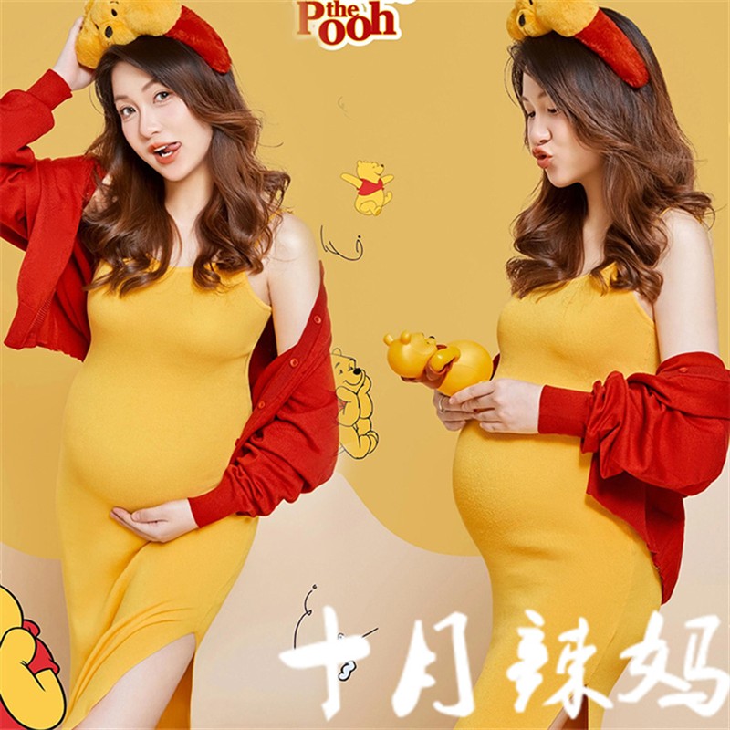 影楼新款主题孕妇小熊维尼黄色连衣裙龙年纯欲风孕妈咪摄影服装