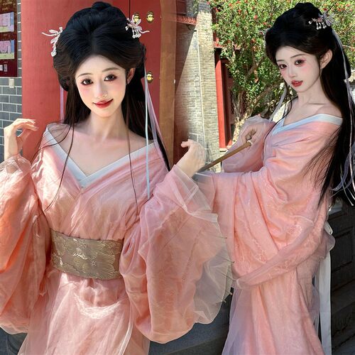 影楼新款仙女风粉色蕾丝汉服旅拍古城红墙打卡写真战国袍拍照摄影