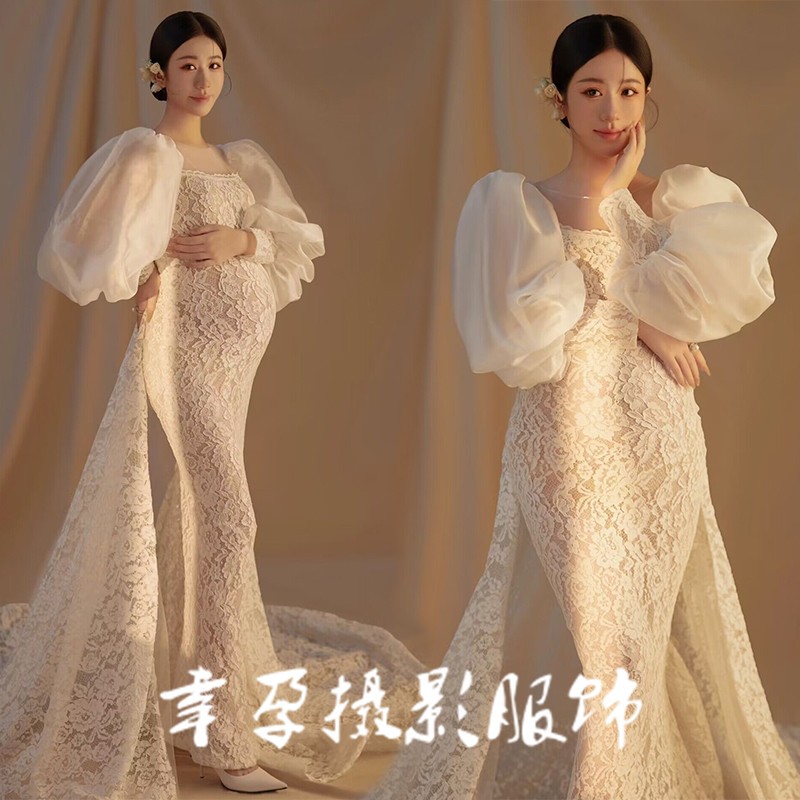 展会新款孕妇摄影拍照服装法式鱼尾轻婚纱蕾丝孕妇高级感拍照礼服