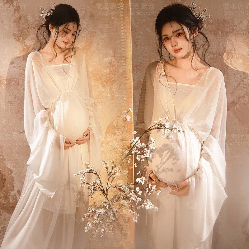 影楼新款孕妇主题清冷新中式白色长款纱裙孕妇写真油画风摄影服装